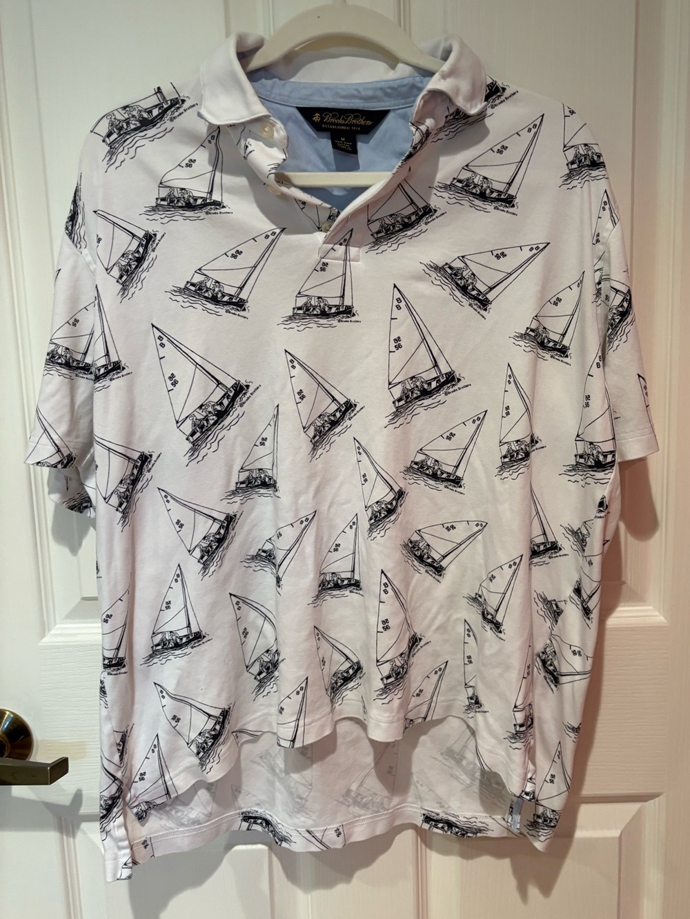 Brooks Brothers White Polo with Navy Sailboat Print
